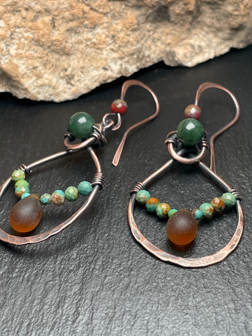 Artisan Made Copper drop Earrings with Moss Agate and Turquoise - Picture 4 of 13
